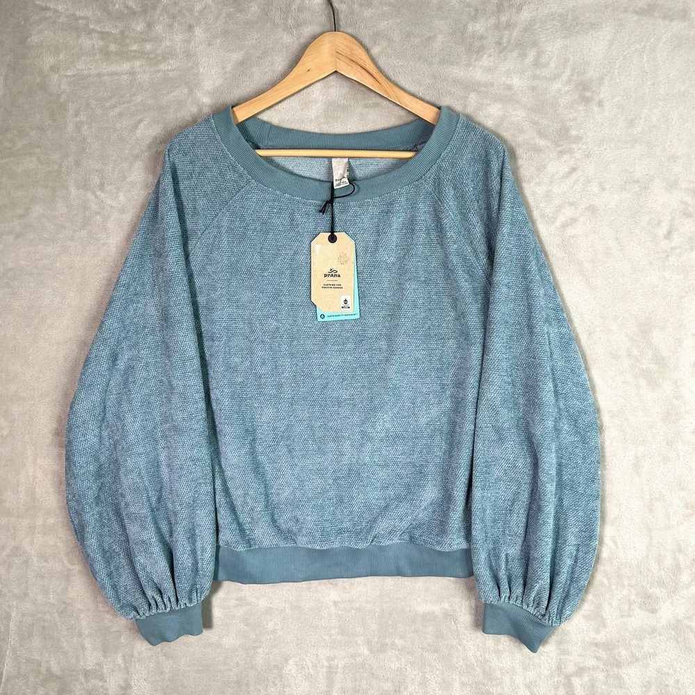Prana Kanapee Sweatshirt Stellar Blue‎ L Balloon Sleeve Cozy Athleisure NWT Eco